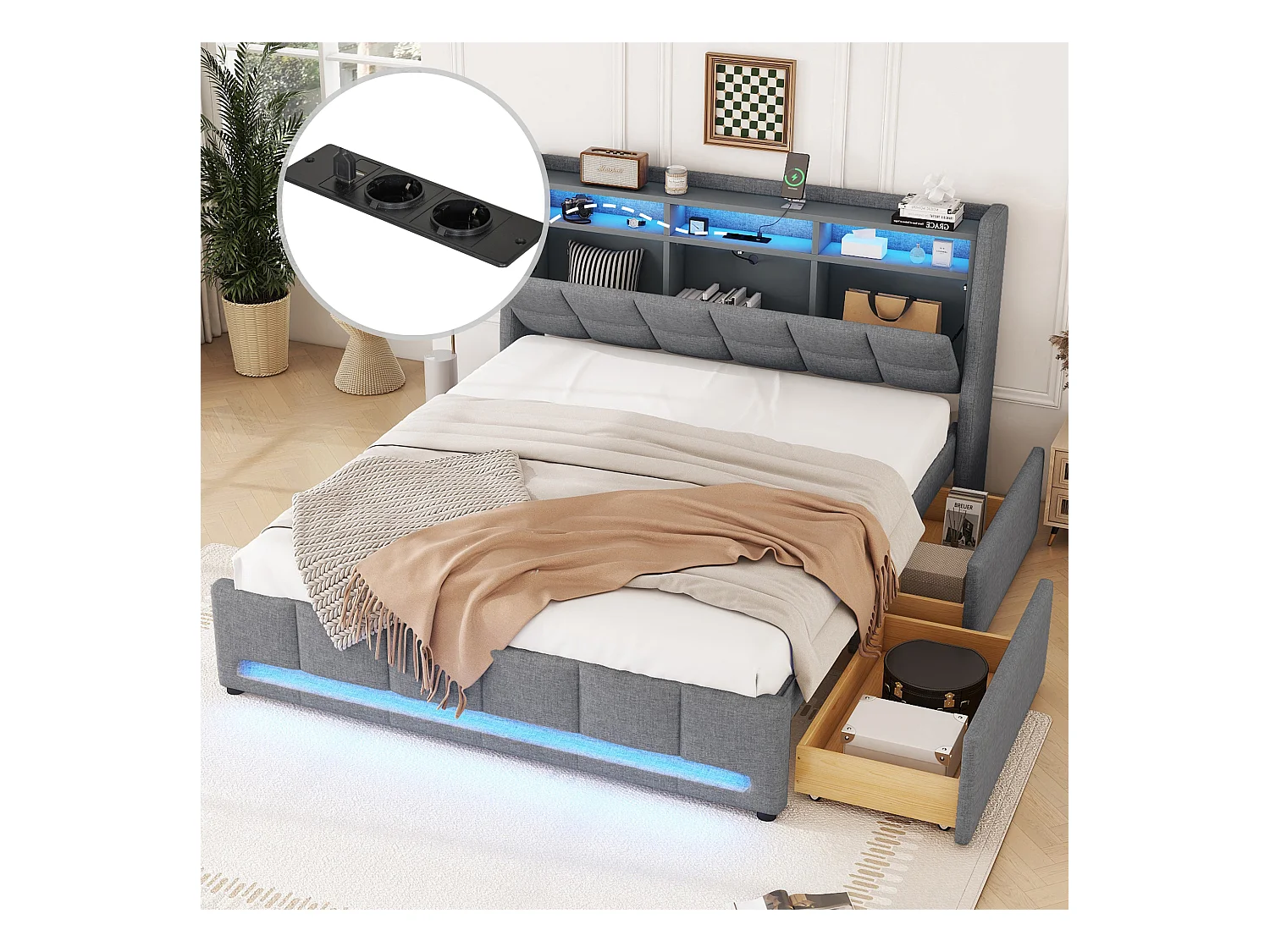 Lit capitonné 140 x 200 cm avec tête de lit et 2 tiroirs - LEDs et prises USB - Tissu en lin - Gris (sans matelas)