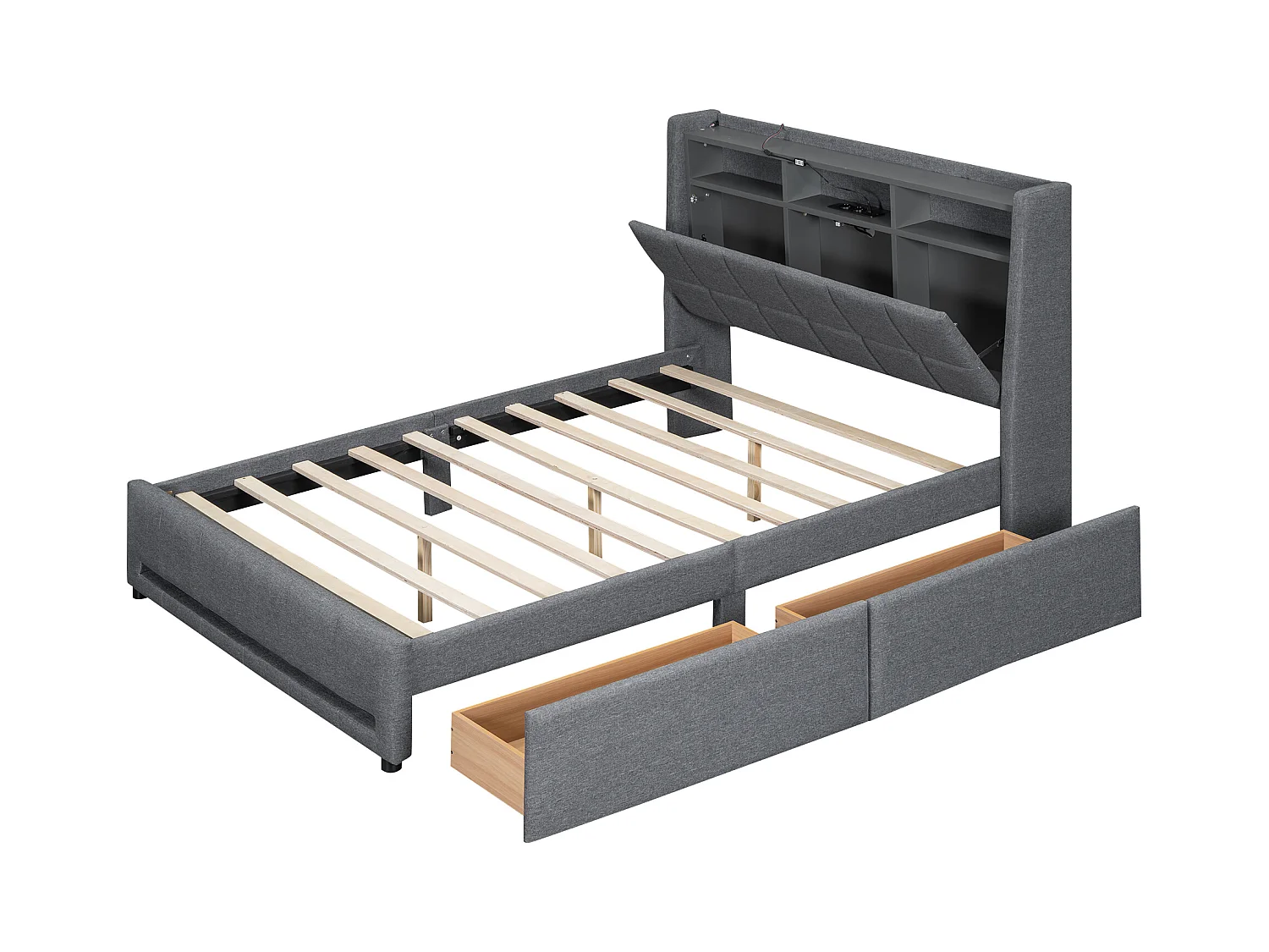 Gestoffeerd bed 140 x 200 cm met hoofdeinde en 2 lades - LED's en USB-aansluitingen - Linnenstof - Grijs (zonder matras)