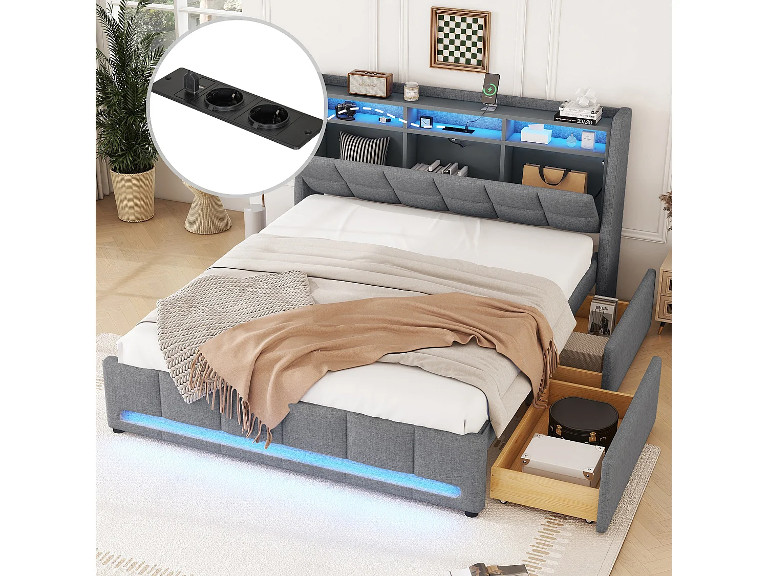 Lit capitonné 140 x 200 cm avec tête de lit et 2 tiroirs - LEDs et prises USB - Tissu en lin - Gris (sans matelas)