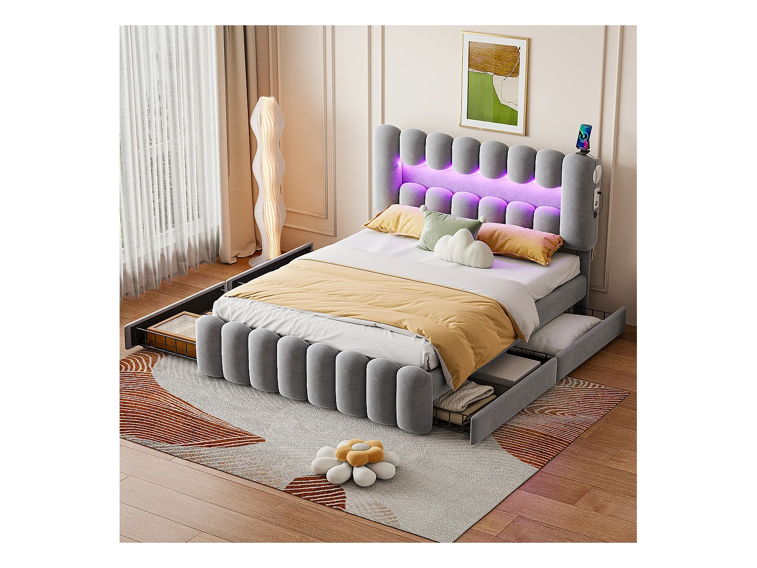 Lit capitonné 160 x 200 cm avec 4 tiroirs - LEDs et prises USB - Velours - Sommier à lattes - Gris (sans matelas)