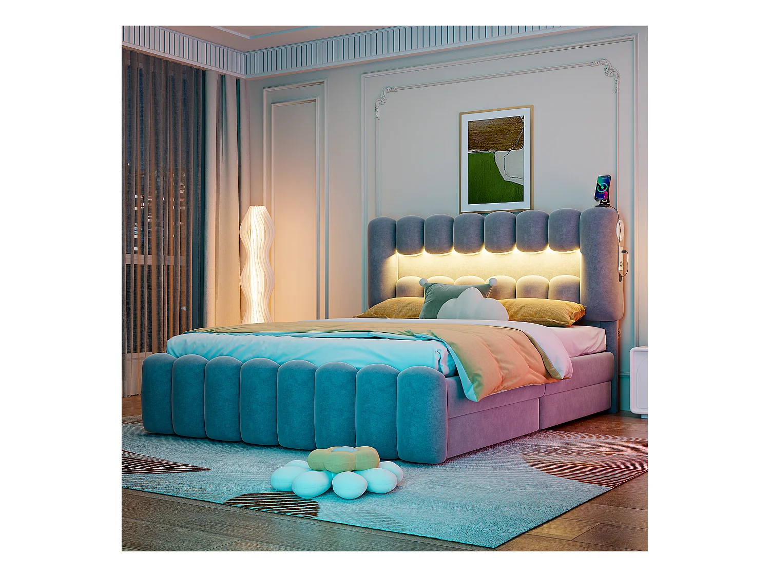 Letto imbottito 160 x 200 cm con 4 cassetti - LED e prese USB - Velluto - Rete a doghe - Grigio (senza materasso)