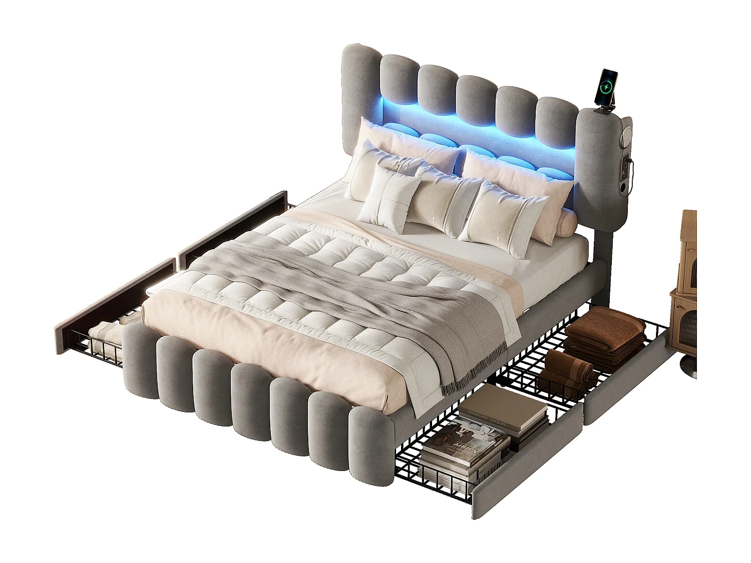 Lit capitonné 160 x 200 cm avec 4 tiroirs - LEDs et prises USB - Velours - Sommier à lattes - Gris (sans matelas)