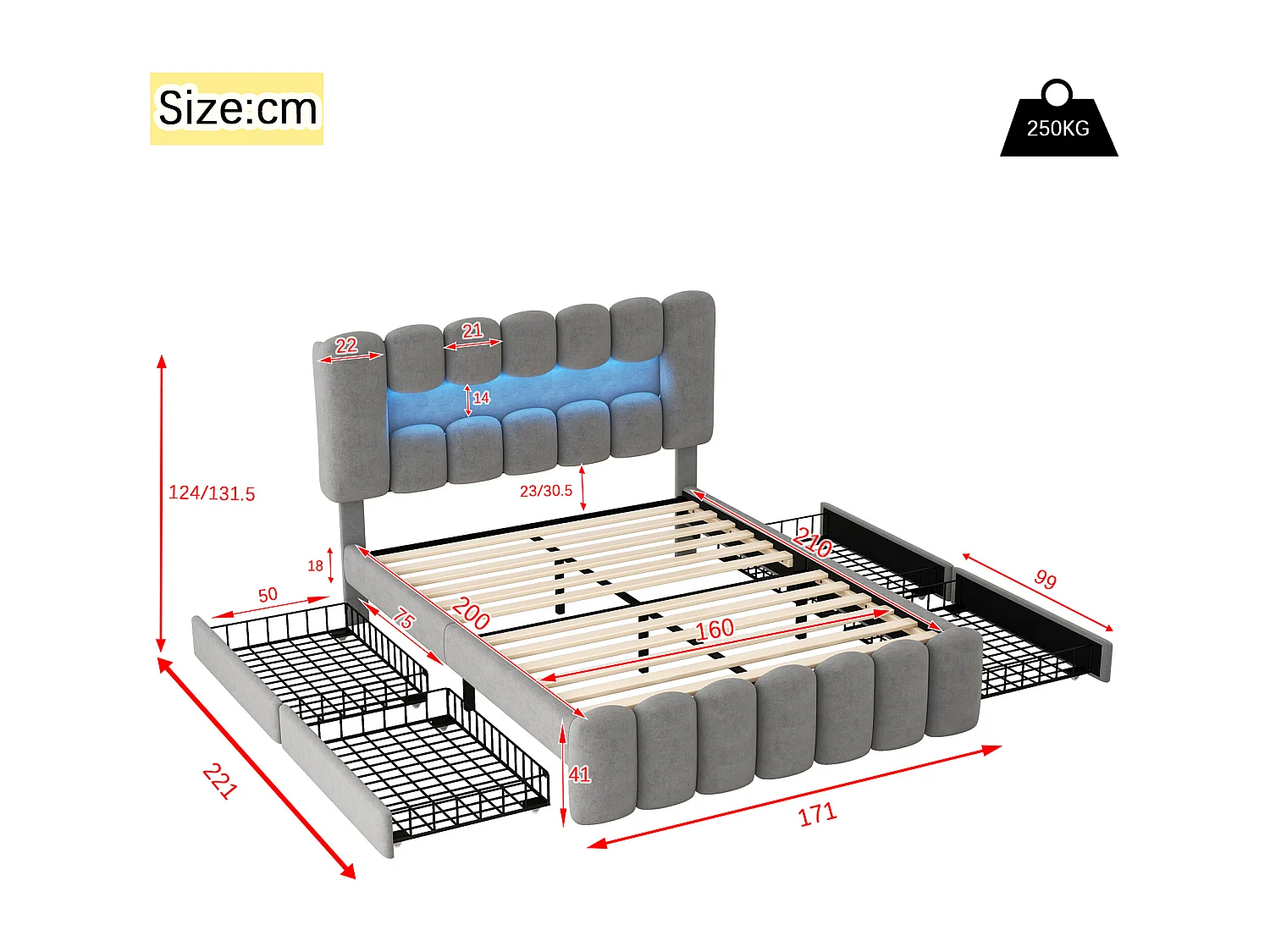 Lit capitonné 160 x 200 cm avec 4 tiroirs - LEDs et prises USB - Velours - Sommier à lattes - Gris (sans matelas)