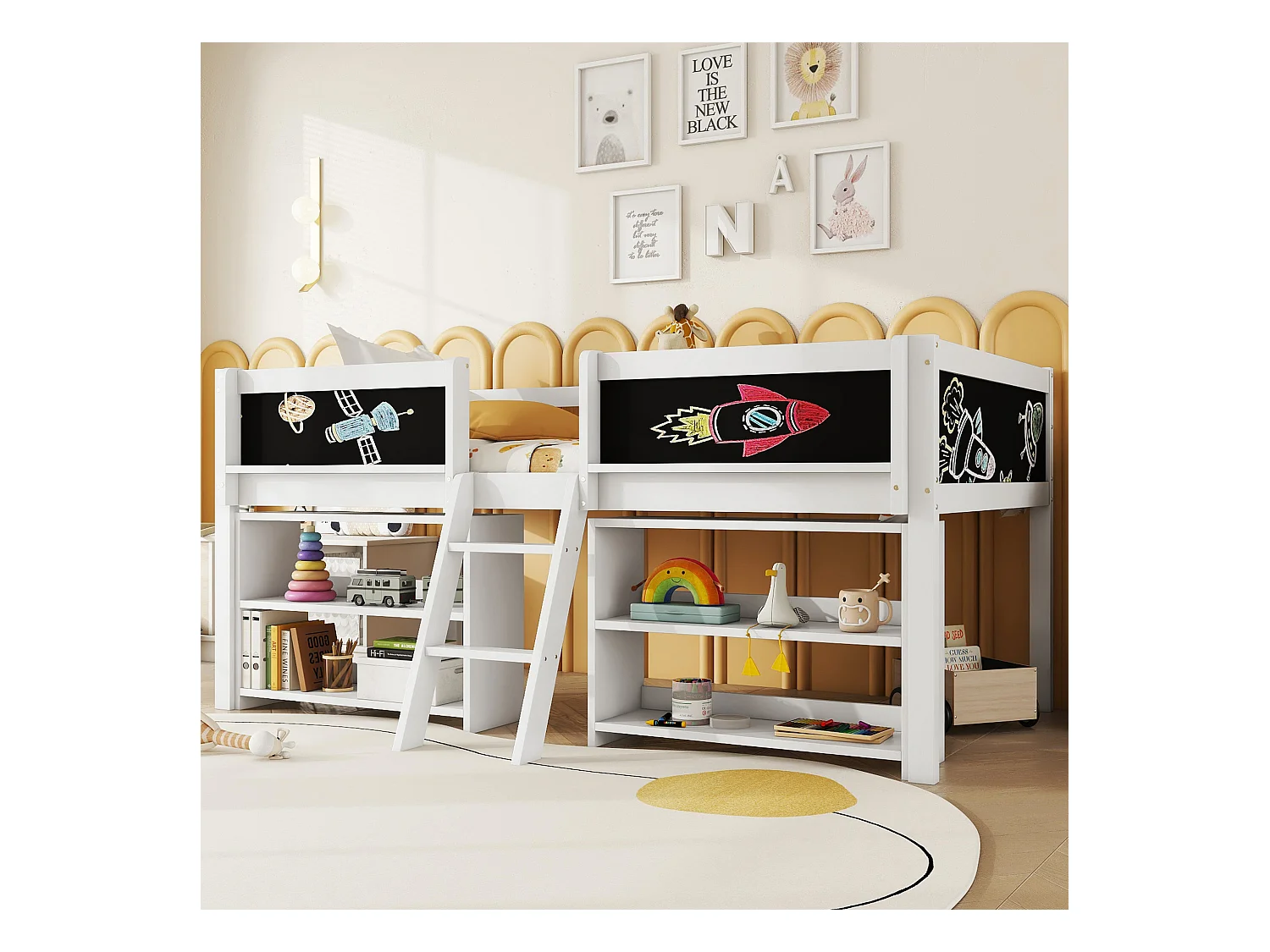Lit enfant 90 x 200 cm avec étagères de rangement - Bois de pin + MDF - Sommier à lattes - Blanc (sans matelas)