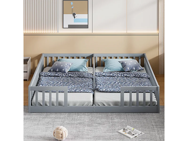 Gestoffeerd bed 90 x 200 cm, kinderbed met rooster, zonder lattenbodem (zonder matras), voor gezin met twee kinderen, grenenhout, minimalistische stijl, grijs