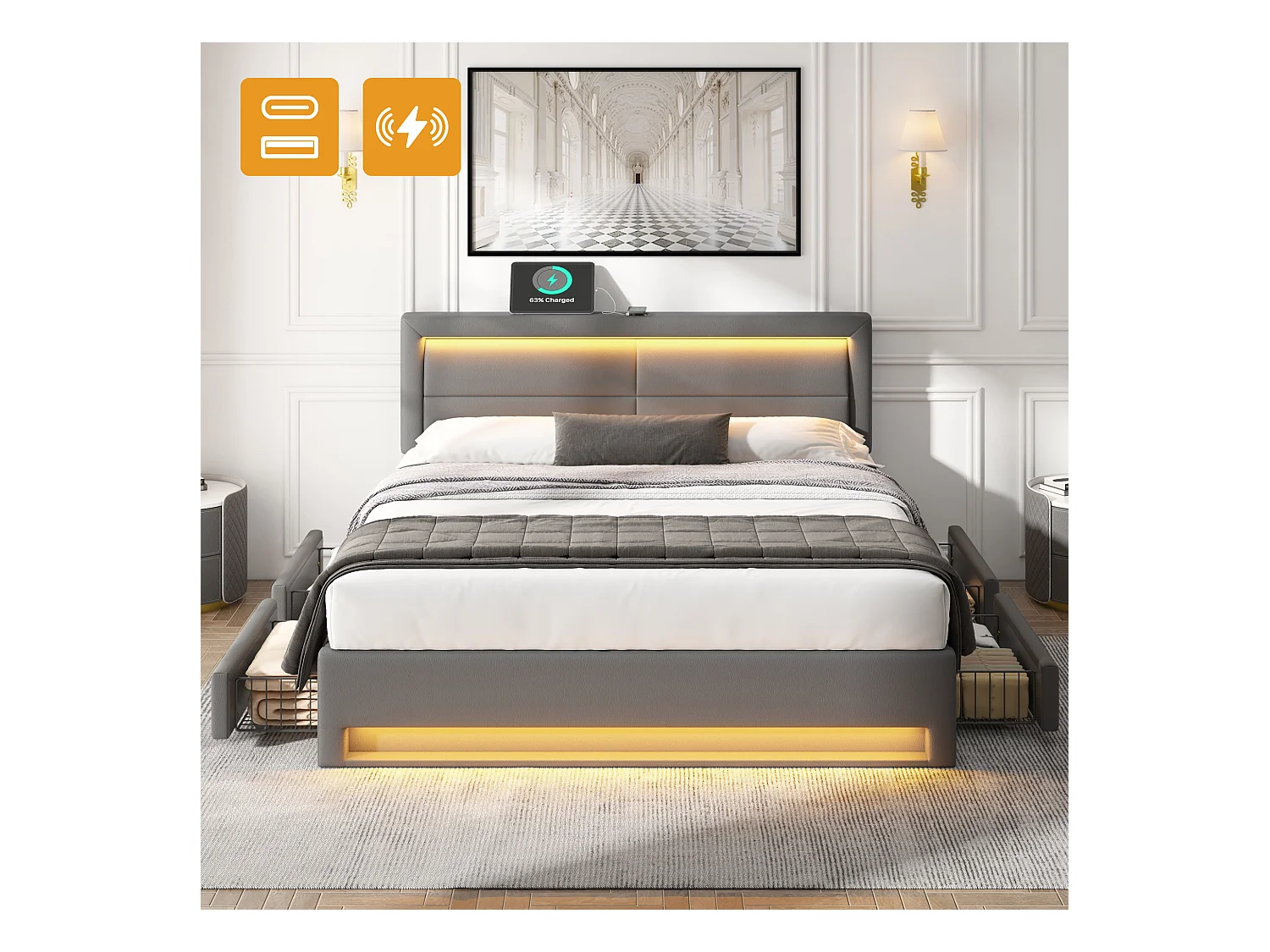 Gestoffeerd bed 140 x 200 cm met 4 lades en hoofdbord - USB poort + LED's - PU leer - Grijs (zonder matras)