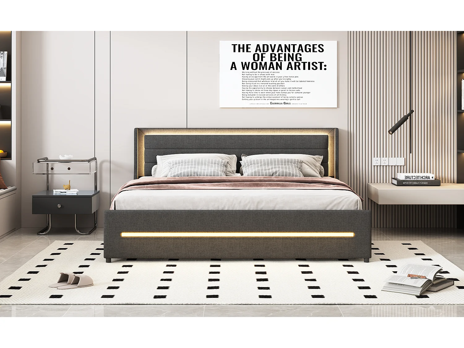 Gestoffeerd bed 180 x 200 cm met hoofdeinde en 4 laden - LED's - Linnenstof - Grijs (zonder matras)