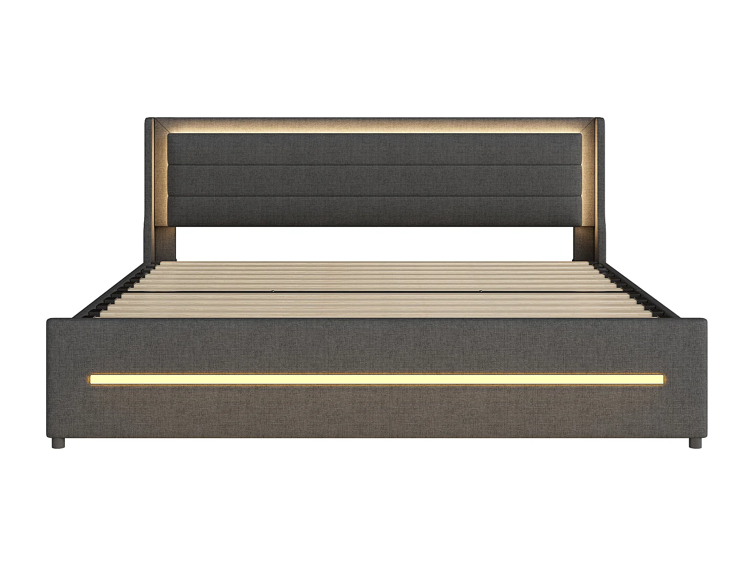 Gestoffeerd bed 180 x 200 cm met hoofdeinde en 4 laden - LED's - Linnenstof - Grijs (zonder matras)