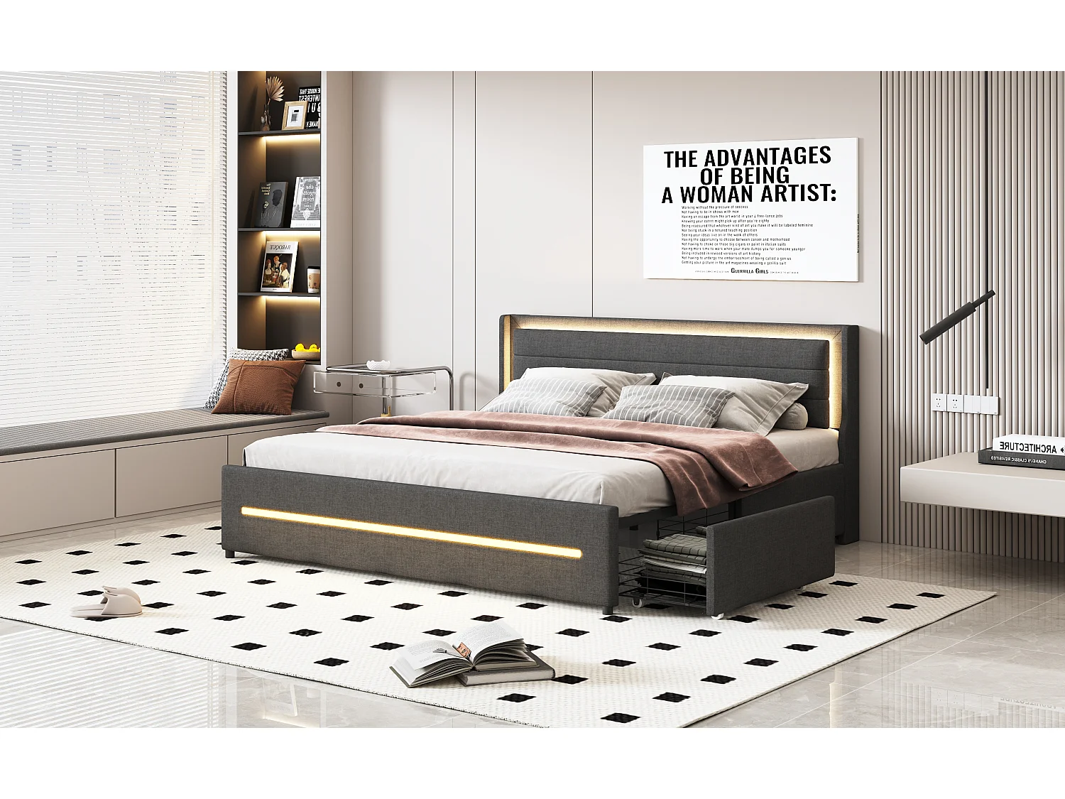 Polsterbett 180 x 200 cm mit Kopfteil und 4 Schubladen – LEDs – Leinenstoff – Grau (ohne Matratze)