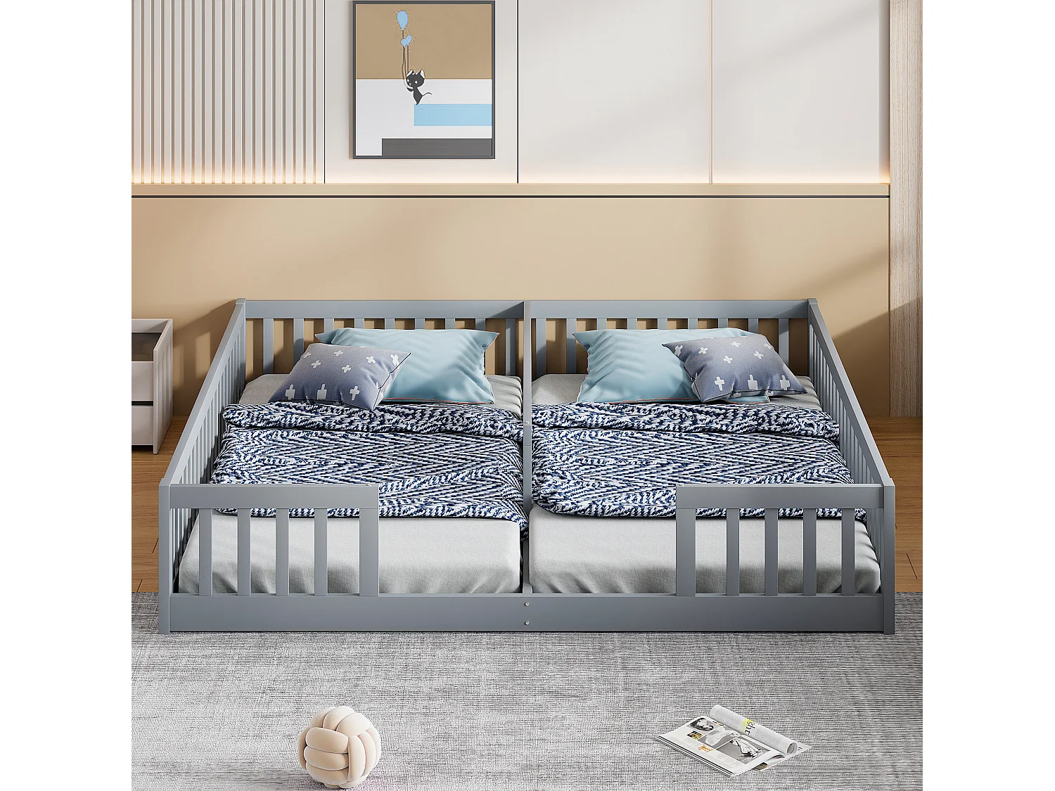 Lit enfant 2 x 90 x 200 cm avec barrières et sommier à lattes - Bois de pin + MDF - Style simple - Gris (sans matelas)