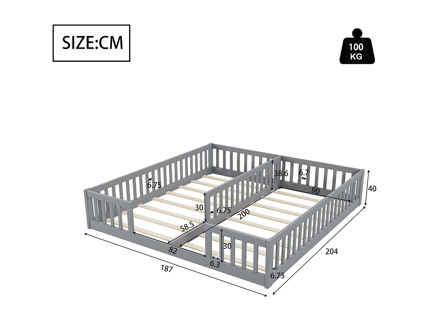 Lit enfant 2 x 90 x 200 cm avec barrières et sommier à lattes - Bois de pin + MDF - Style simple - Gris (sans matelas)