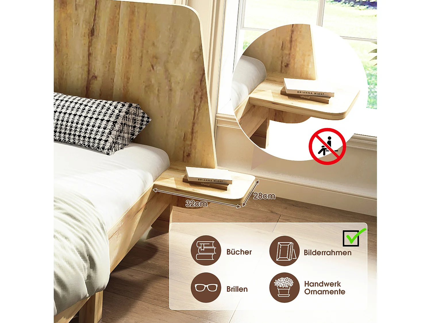 Lit 160 x 200 cm avec tête de lit rangement - bois massif - Sommier à lattes - Chêne (sans matelas)