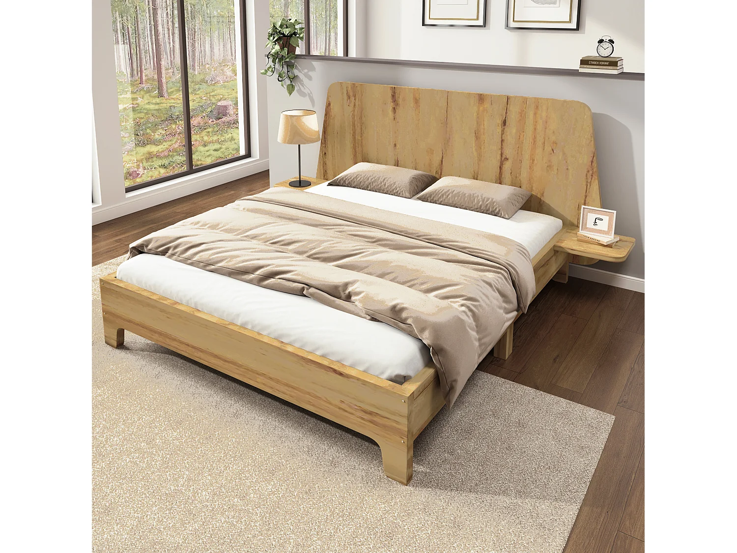 Lit 160 x 200 cm avec tête de lit rangement - bois massif - Sommier à lattes - Chêne (sans matelas)