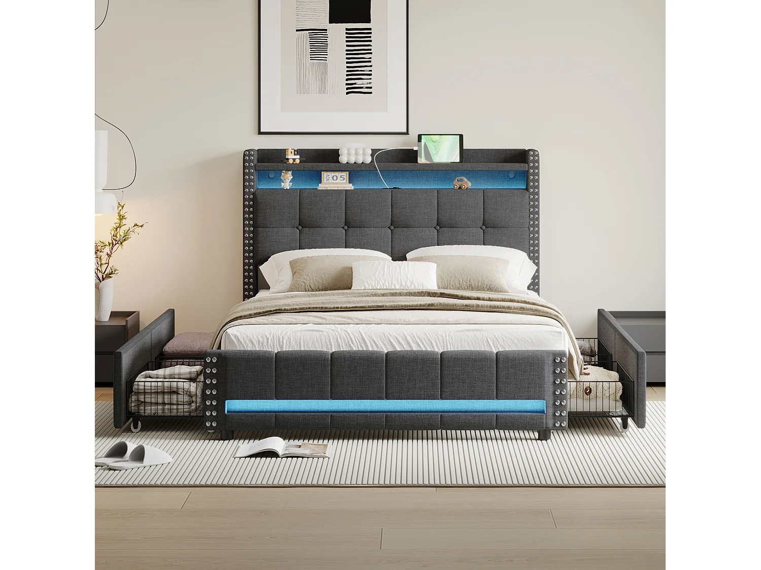 Lit capitonné 140 x 200 cm avec tête de lit et 4 tiroirs - LEDs + prise USB - Tissu en lin - Gris (sans matelas)