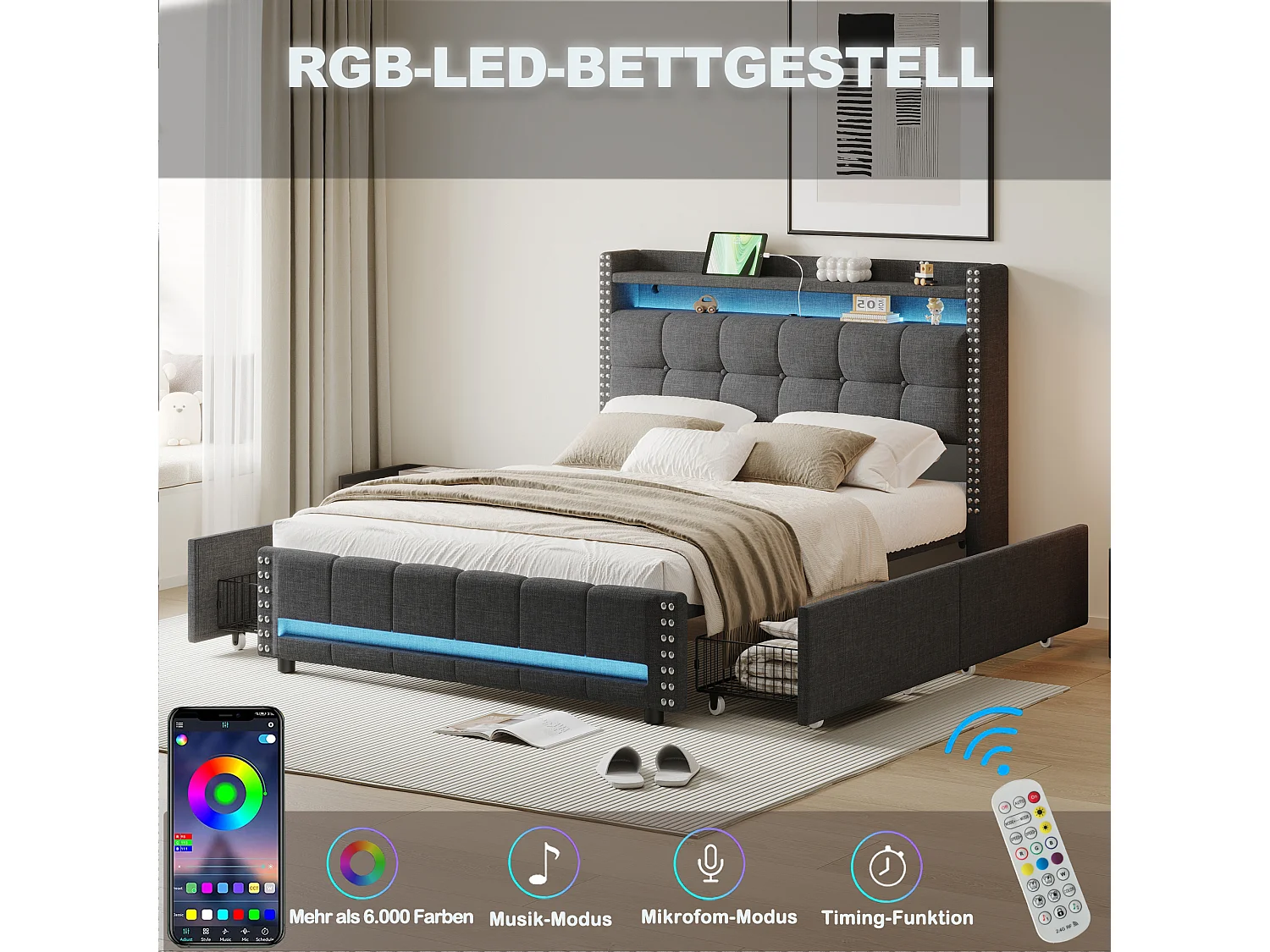 Lit capitonné 140 x 200 cm avec tête de lit et 4 tiroirs - LEDs + prise USB - Tissu en lin - Gris (sans matelas)