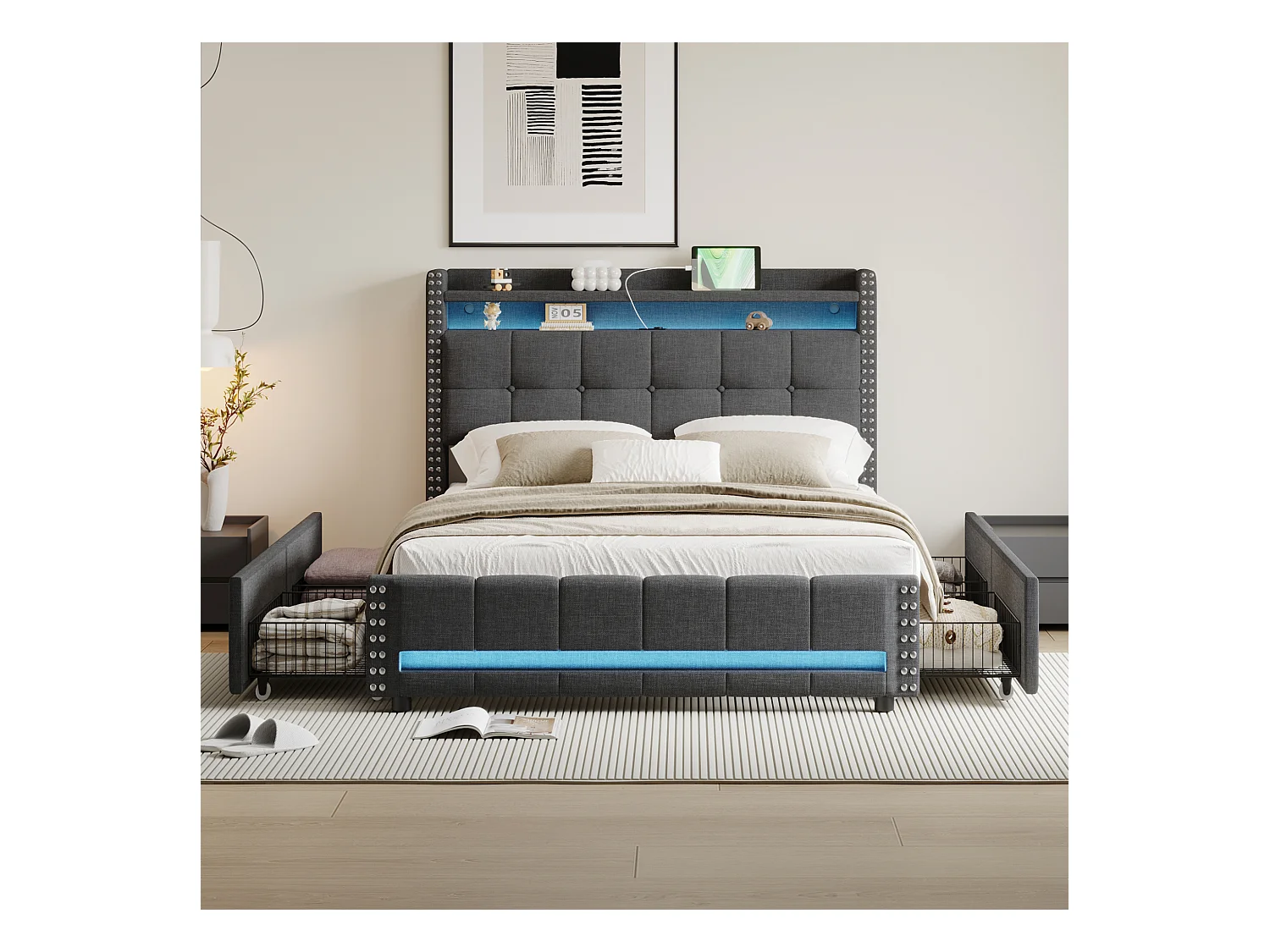 Lit capitonné 140 x 200 cm avec tête de lit et 4 tiroirs - LEDs + prise USB - Tissu en lin - Gris (sans matelas)