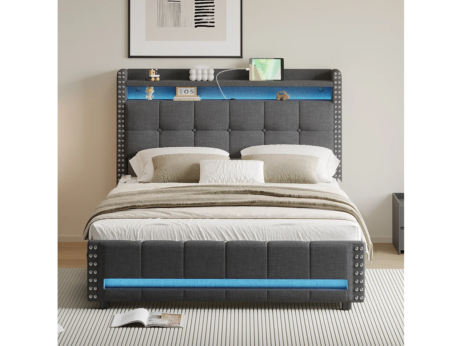 Letto imbottito 140 x 200 cm con testiera e 4 cassetti - LED + presa USB - Tessuto Lino - Grigio (senza materasso)