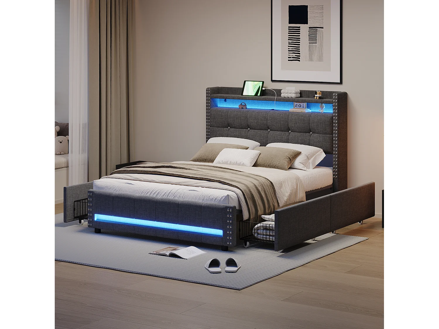 Letto imbottito 140 x 200 cm con testiera e 4 cassetti - LED + presa USB - Tessuto Lino - Grigio (senza materasso)