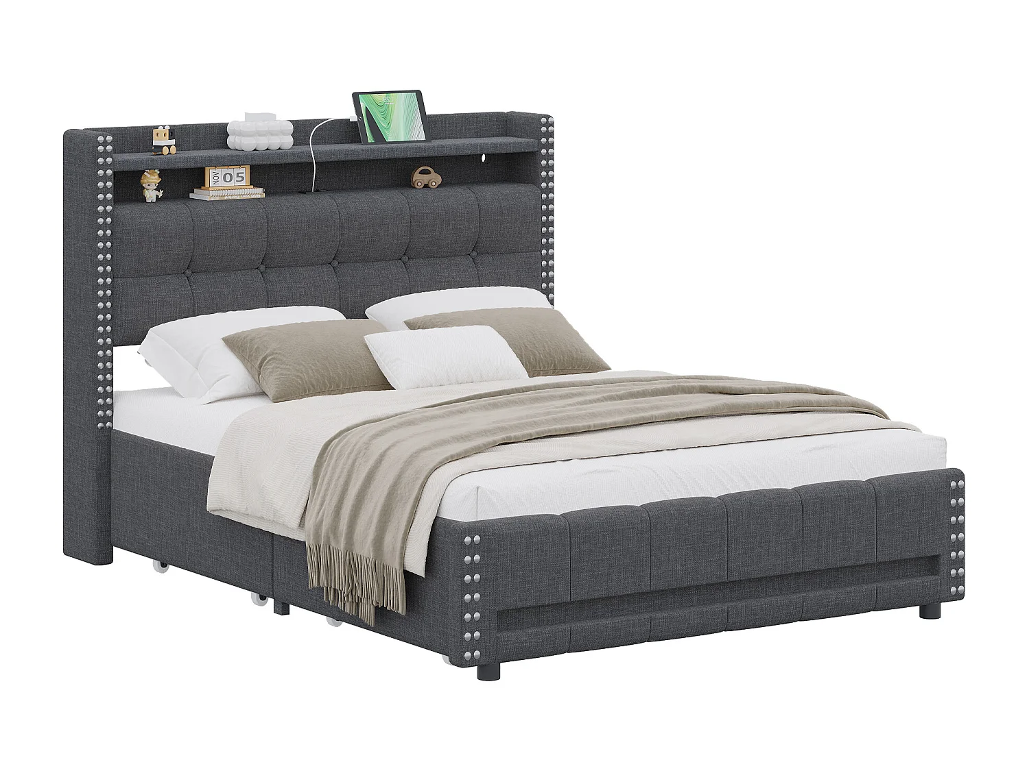 Letto imbottito 140 x 200 cm con testiera e 4 cassetti - LED + presa USB - Tessuto Lino - Grigio (senza materasso)