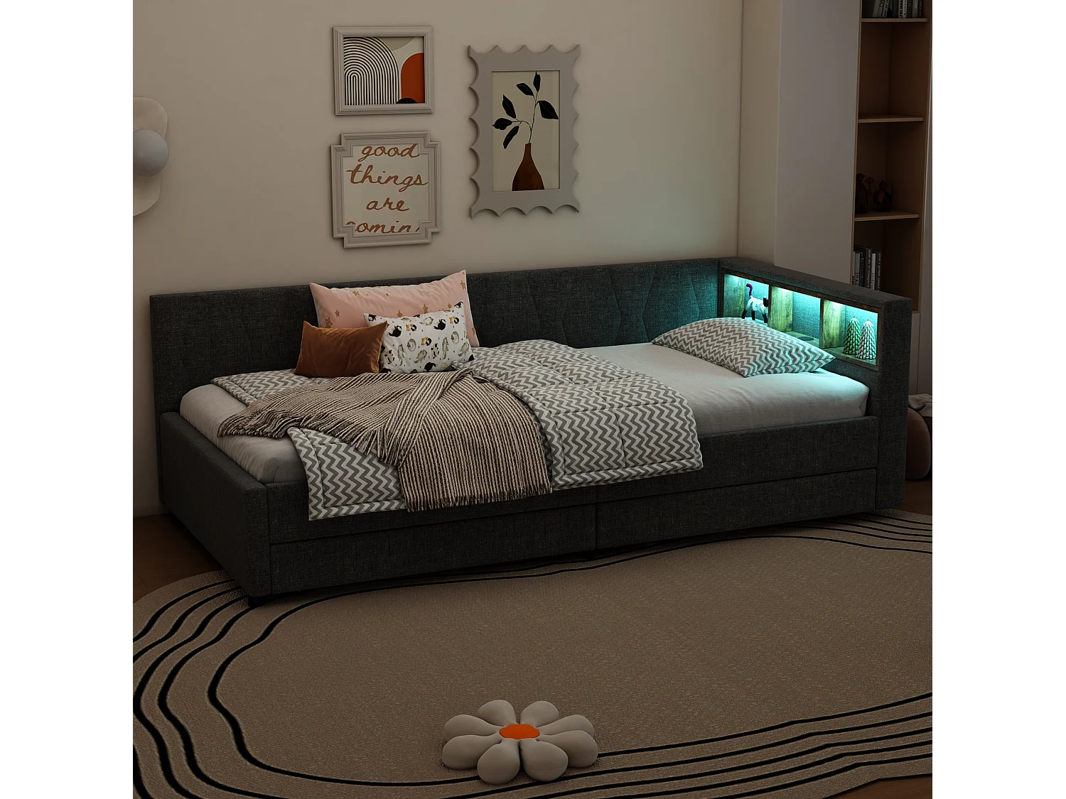 Lit capitonné 90 x 200 cm avec tête de lit et 2 tiroirs - LEDs, Prise USB + Type C - Tissu en lin - Gris (sans matelas)