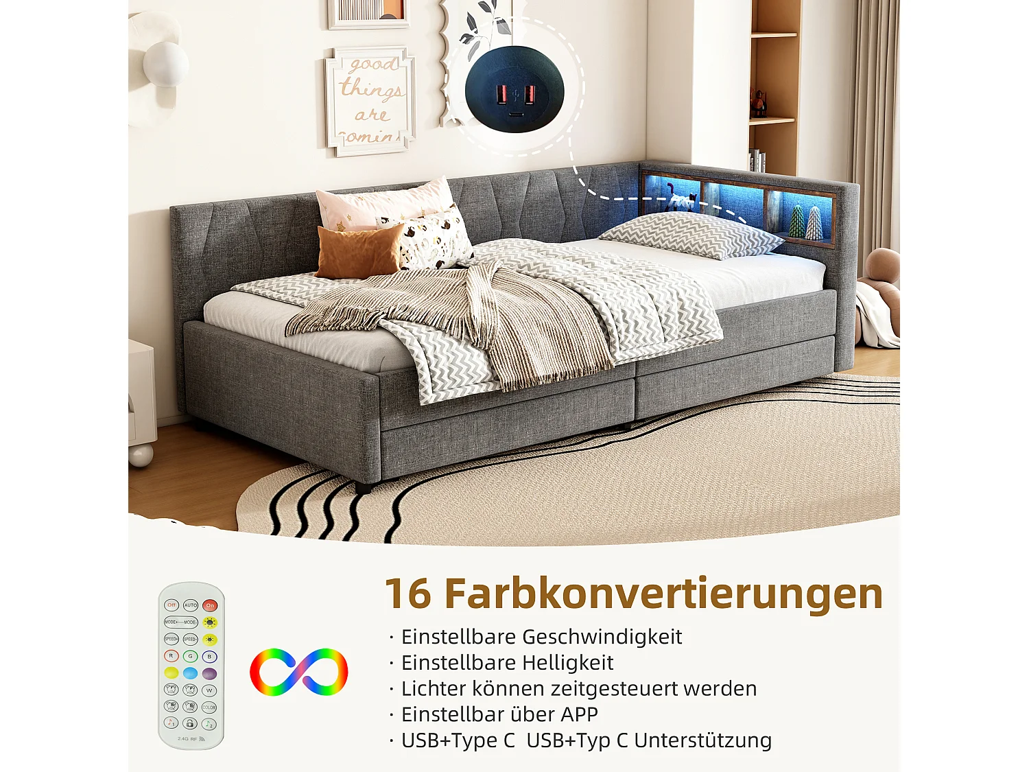 Lit capitonné 90 x 200 cm avec tête de lit et 2 tiroirs - LEDs, Prise USB + Type C - Tissu en lin - Gris (sans matelas)