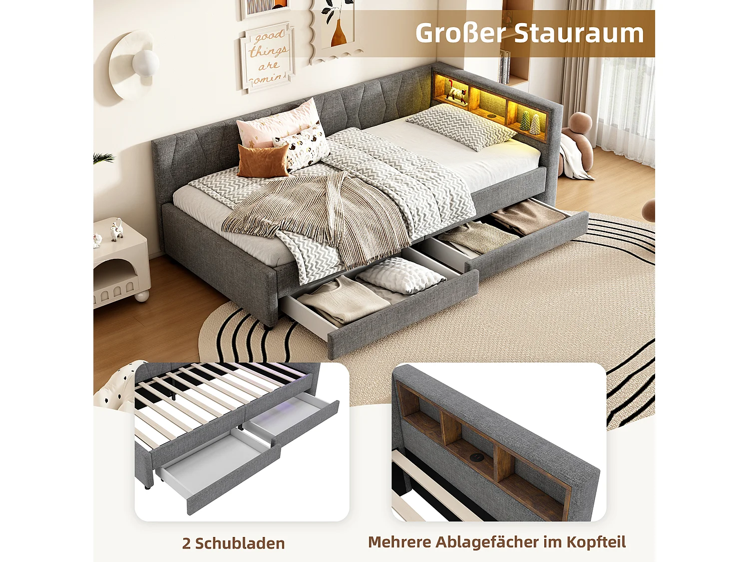 Lit capitonné 90 x 200 cm avec tête de lit et 2 tiroirs - LEDs, Prise USB + Type C - Tissu en lin - Gris (sans matelas)