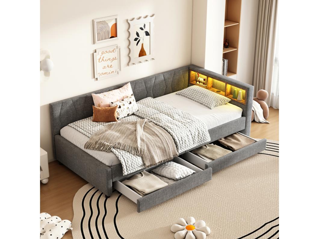 Gestoffeerd bed 90 x 200 cm met hoofdeinde en 2 lades - LED's, USB + Type C stopcontact - Linnenstof - Grijs (zonder matras)