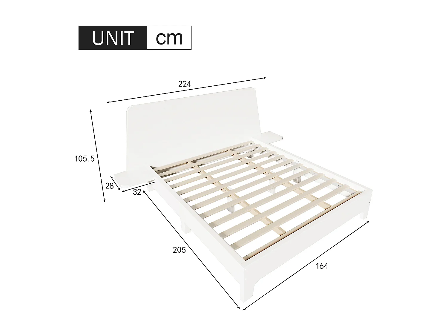 Lit 160 x 200 cm avec tête de lit rangement - bois massif - Sommier à lattes - Blanc (sans matelas)