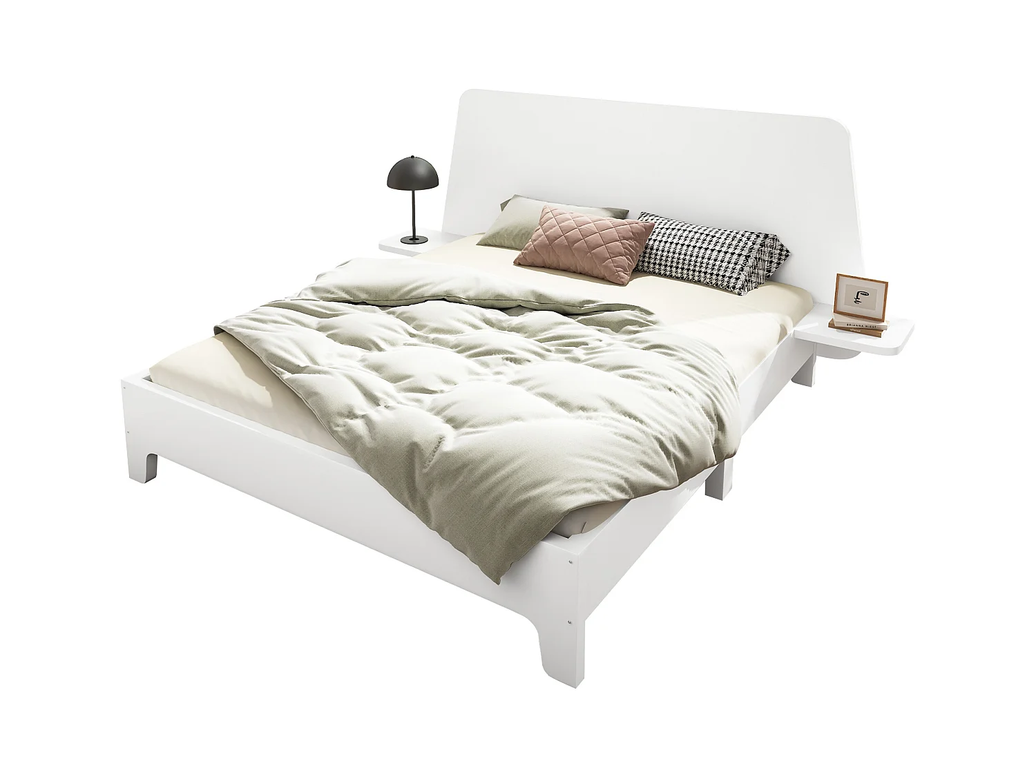 Lit 160 x 200 cm avec tête de lit rangement - bois massif - Sommier à lattes - Blanc (sans matelas)