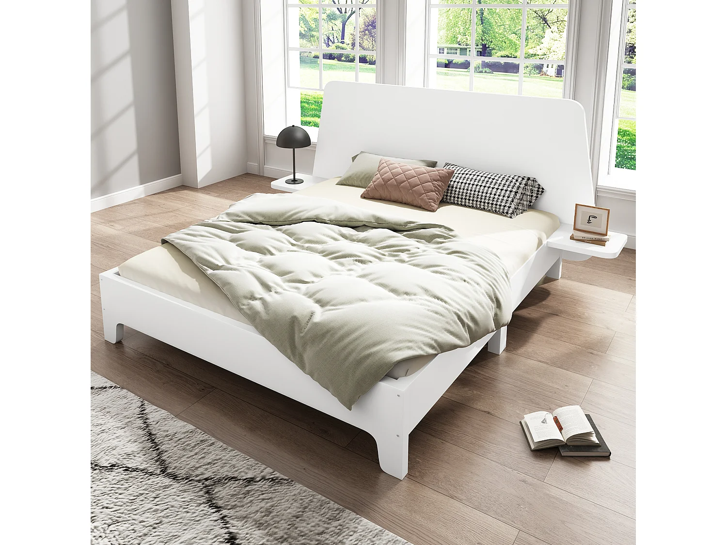 Lit 160 x 200 cm avec tête de lit rangement - bois massif - Sommier à lattes - Blanc (sans matelas)