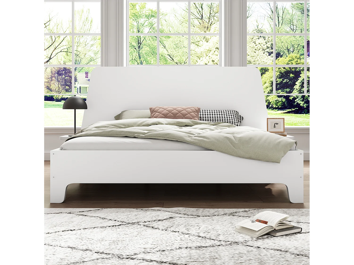 Lit 160 x 200 cm avec tête de lit rangement - bois massif - Sommier à lattes - Blanc (sans matelas)