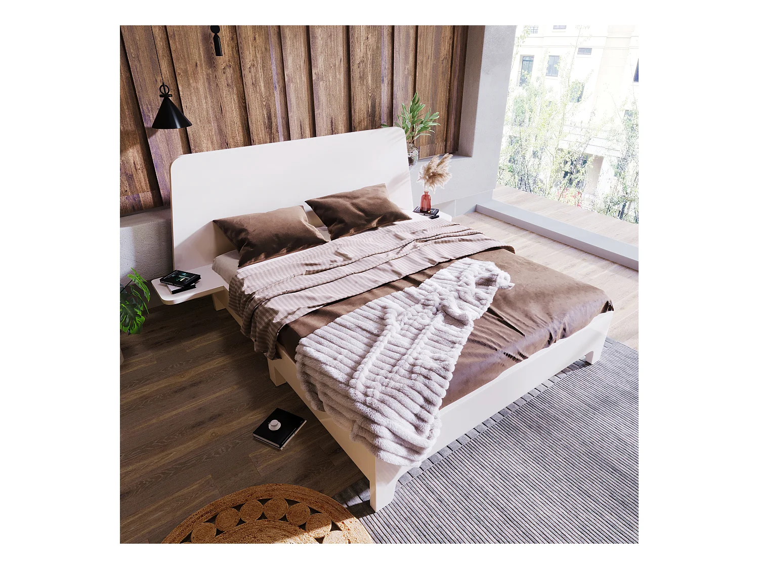 Lit 160 x 200 cm avec tête de lit rangement - bois massif - Sommier à lattes - Blanc (sans matelas)