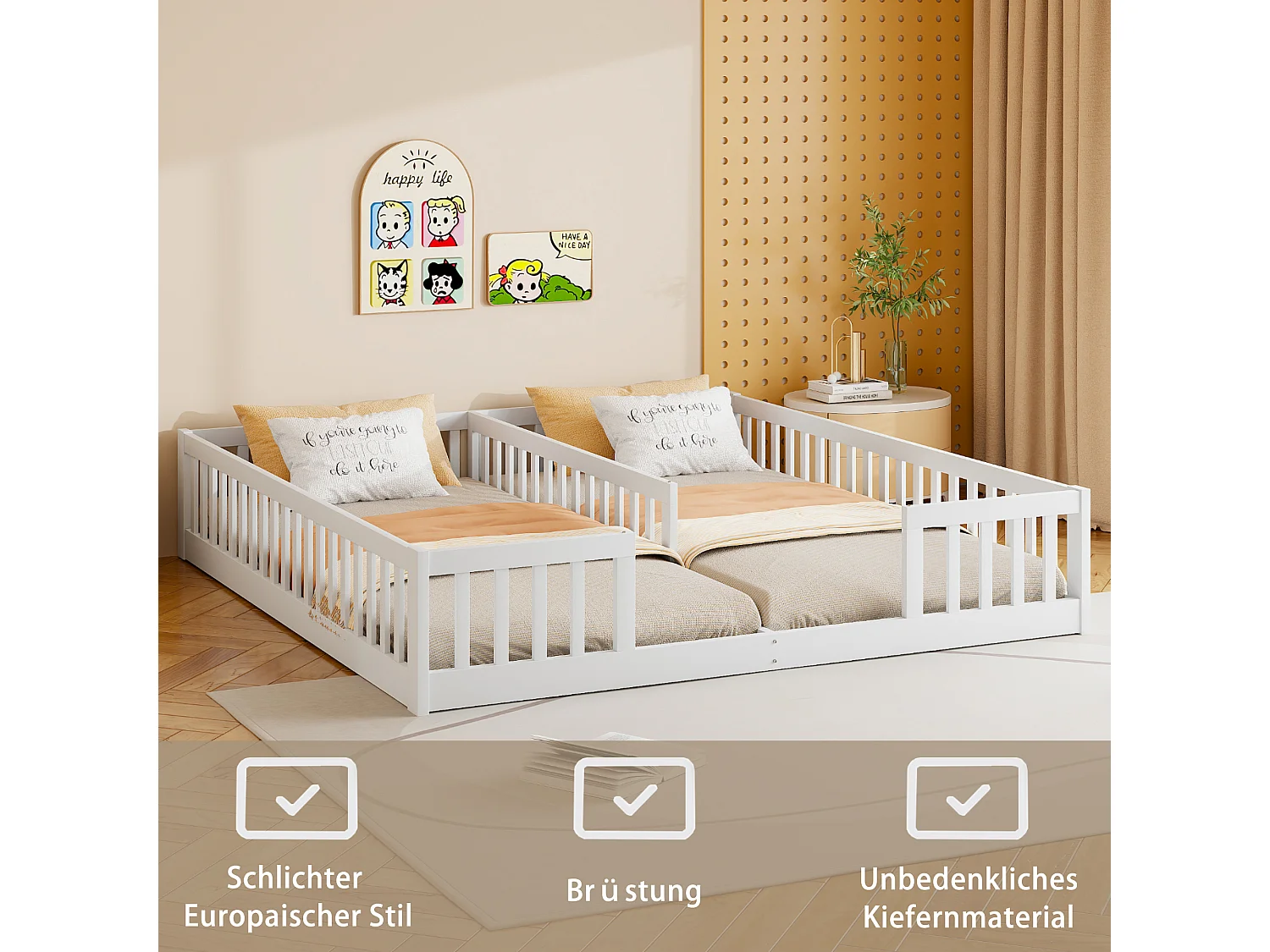 Lit enfant 2 x 90 x 200 cm avec barrières - Bois de pin + MDF - Style simple - Blanc (sans sommier et matelas)