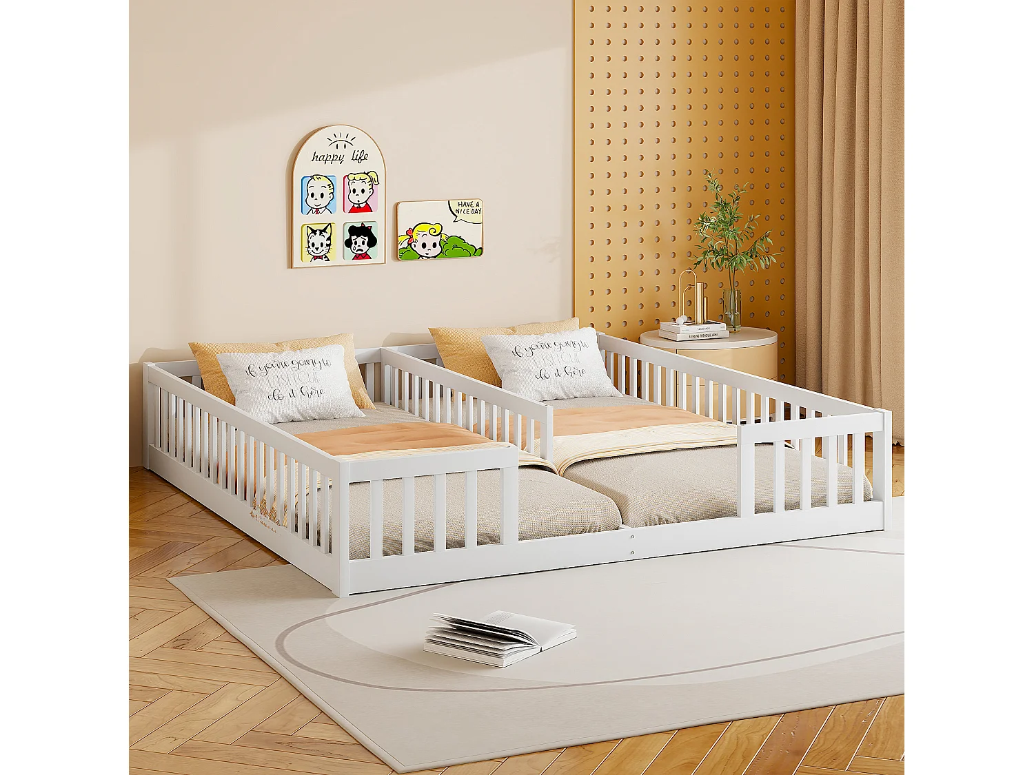 Lit enfant 2 x 90 x 200 cm avec barrières - Bois de pin + MDF - Style simple - Blanc (sans sommier et matelas)
