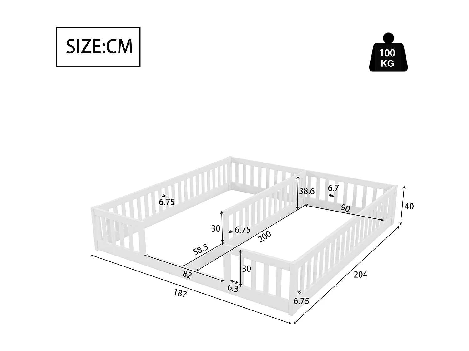 Lit enfant 2 x 90 x 200 cm avec barrières - Bois de pin + MDF - Style simple - Blanc (sans sommier et matelas)