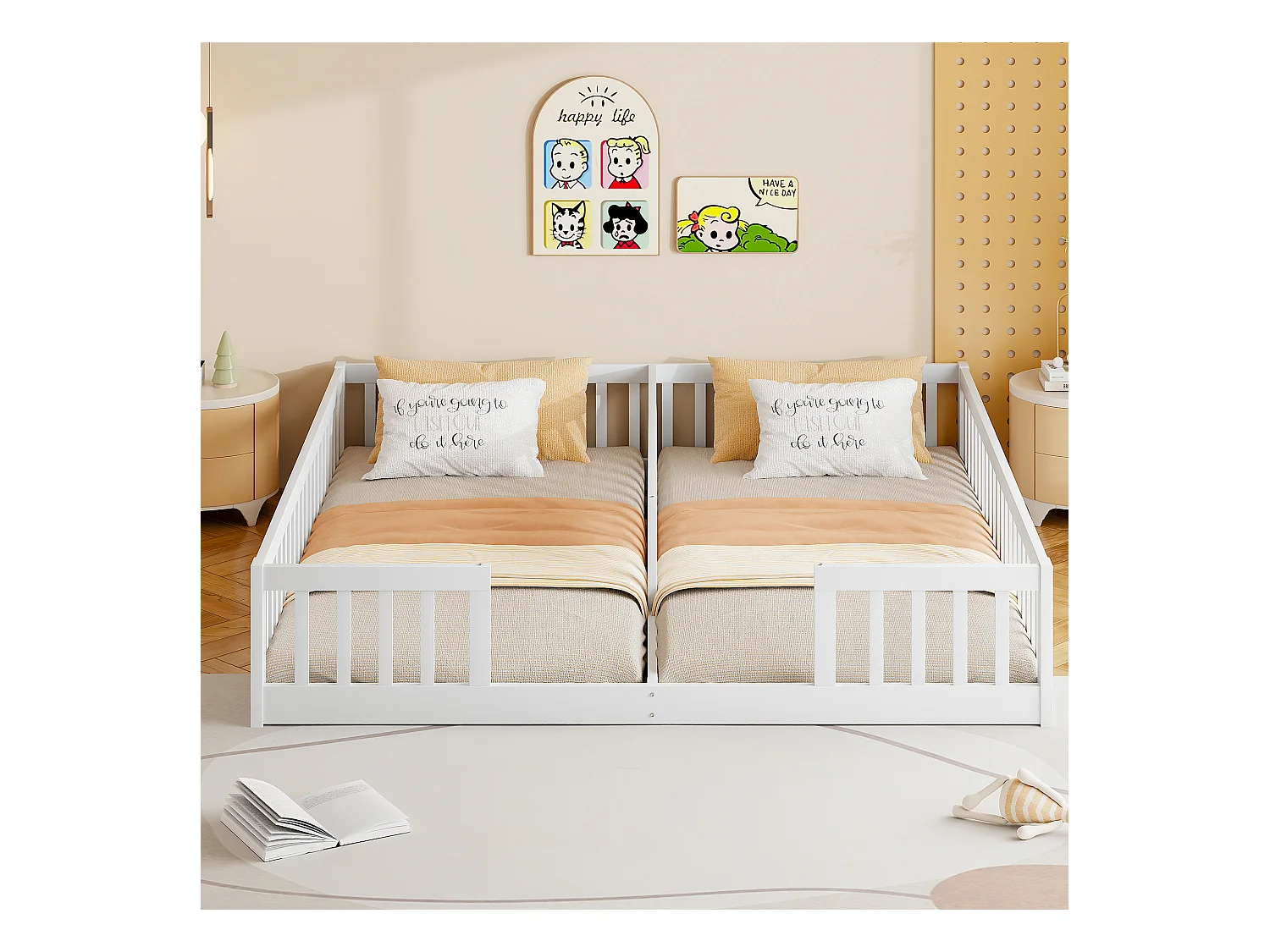 Lit enfant 2 x 90 x 200 cm avec barrières - Bois de pin + MDF - Style simple - Blanc (sans sommier et matelas)