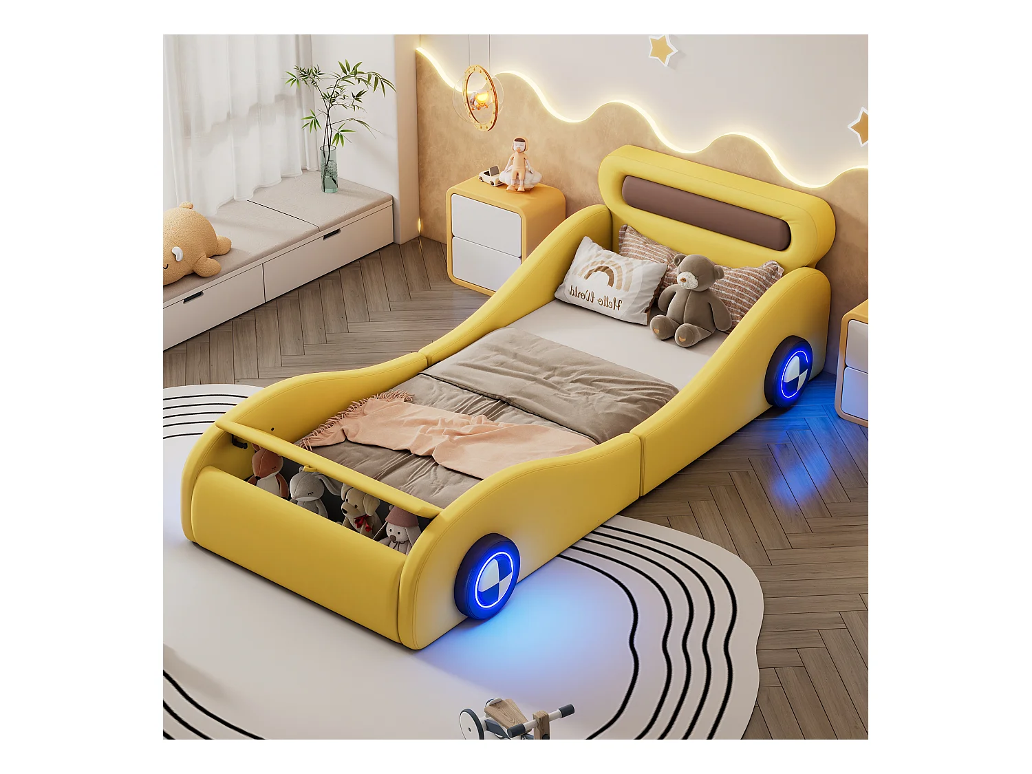 Lit capitonné 90 x 200 cm en forme de voiture - roues lumineuses - Cuir PU - Sommier à lattes - Jaune (sans matelas)