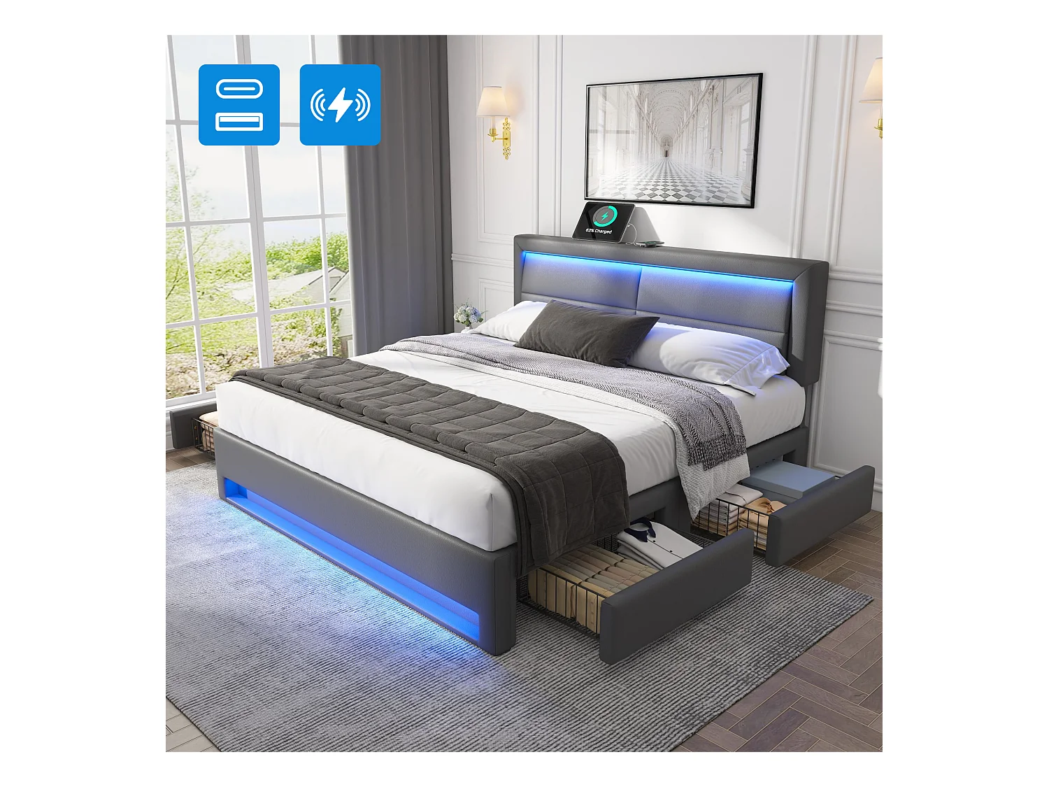 Lit capitonné 140 x 190 cm avec 4 tiroirs et tête de lit - port USB + LEDs - Cuir PU - Gris(sans matelas)