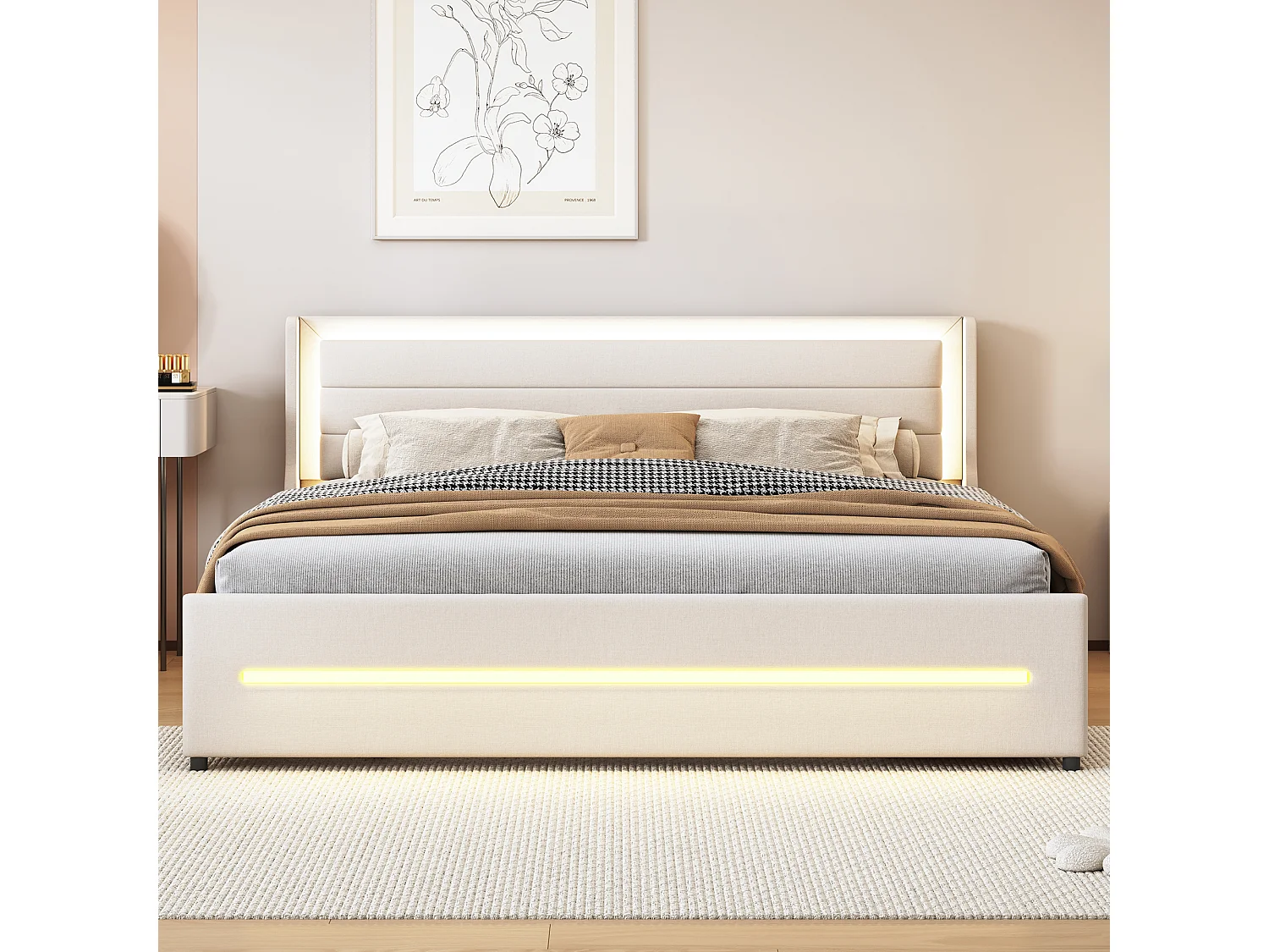 Gestoffeerd bed 180 x 200 cm met hoofdeinde en 4 laden - LED's - Linnenstof - Beige (zonder matras)