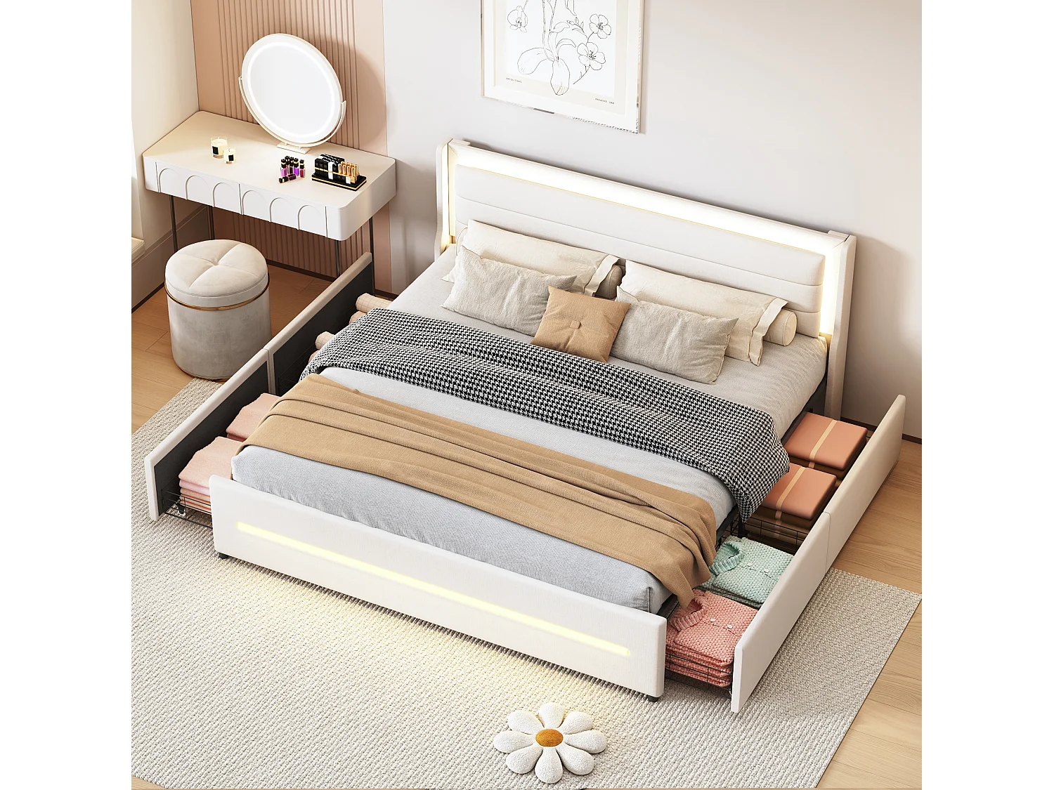 Gestoffeerd bed 180 x 200 cm met hoofdeinde en 4 laden - LED's - Linnenstof - Beige (zonder matras)