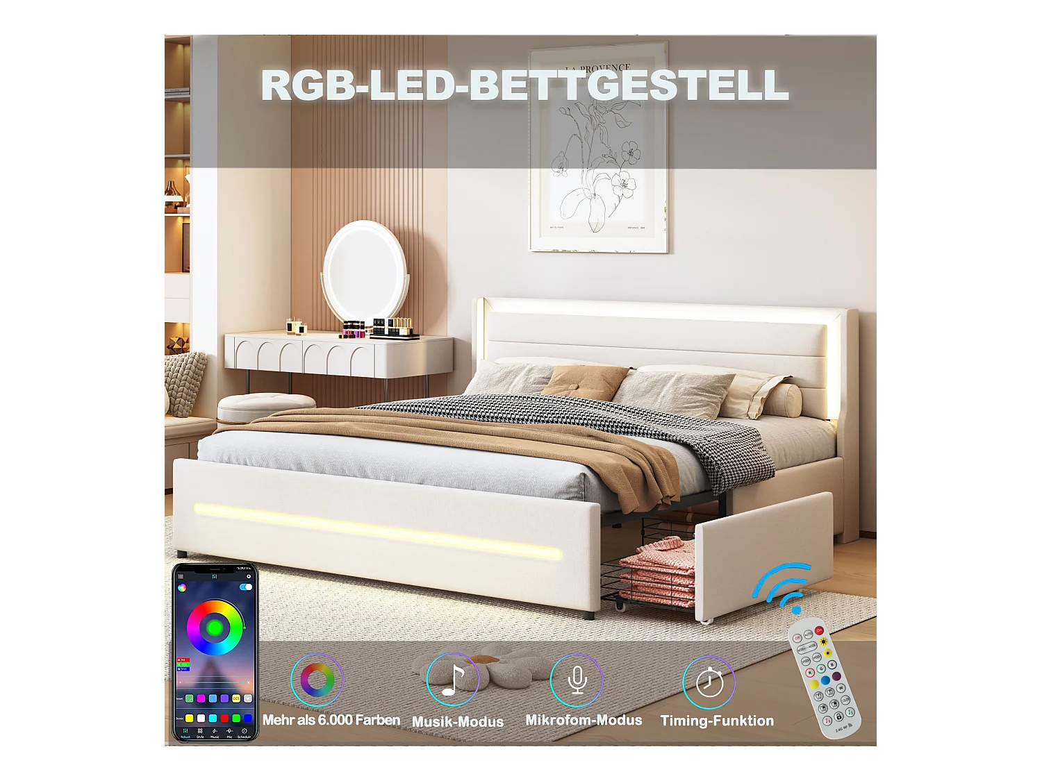 Gestoffeerd bed 180 x 200 cm met hoofdeinde en 4 laden - LED's - Linnenstof - Beige (zonder matras)