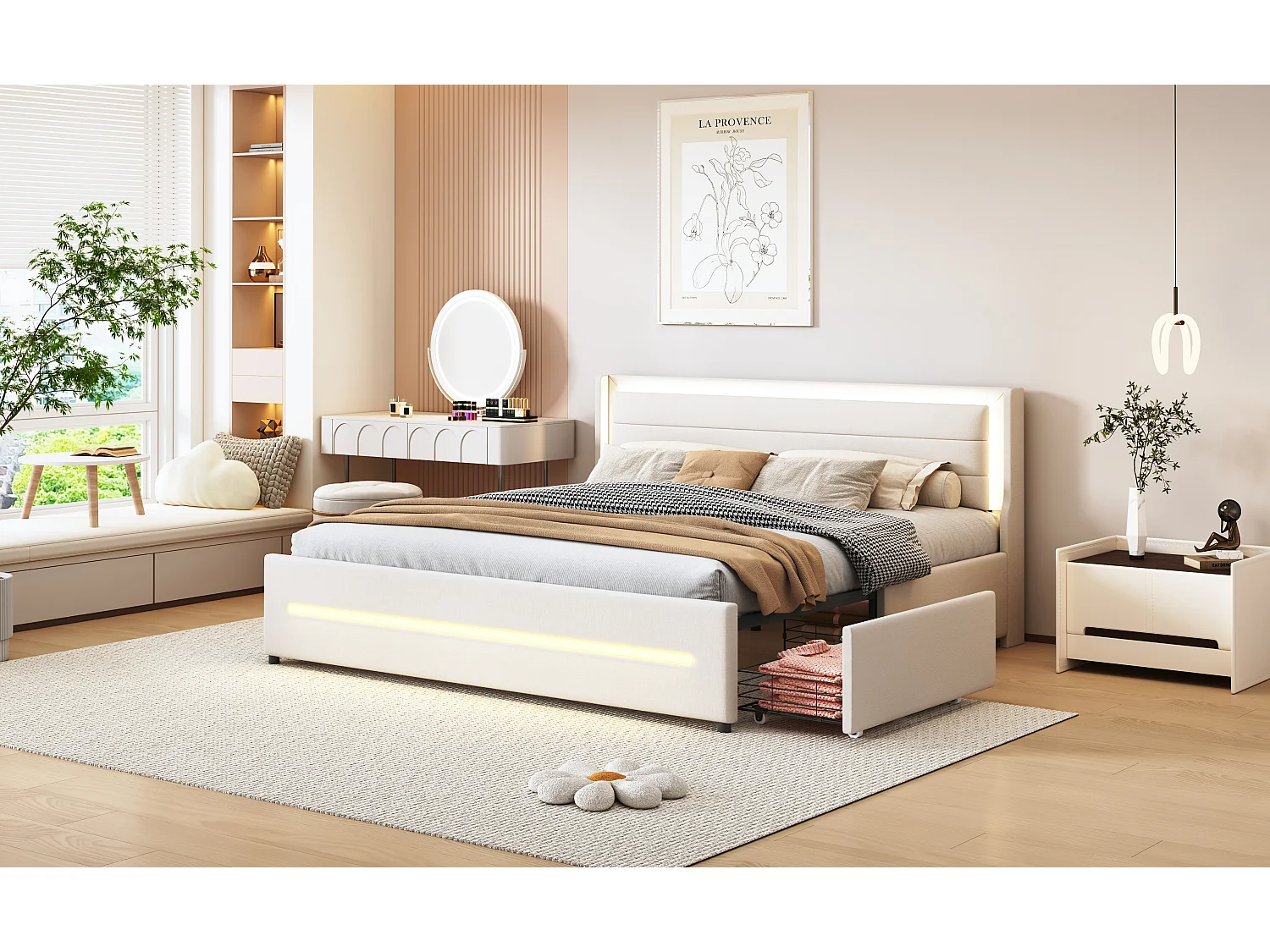Gestoffeerd bed 180 x 200 cm met hoofdeinde en 4 laden - LED's - Linnenstof - Beige (zonder matras)