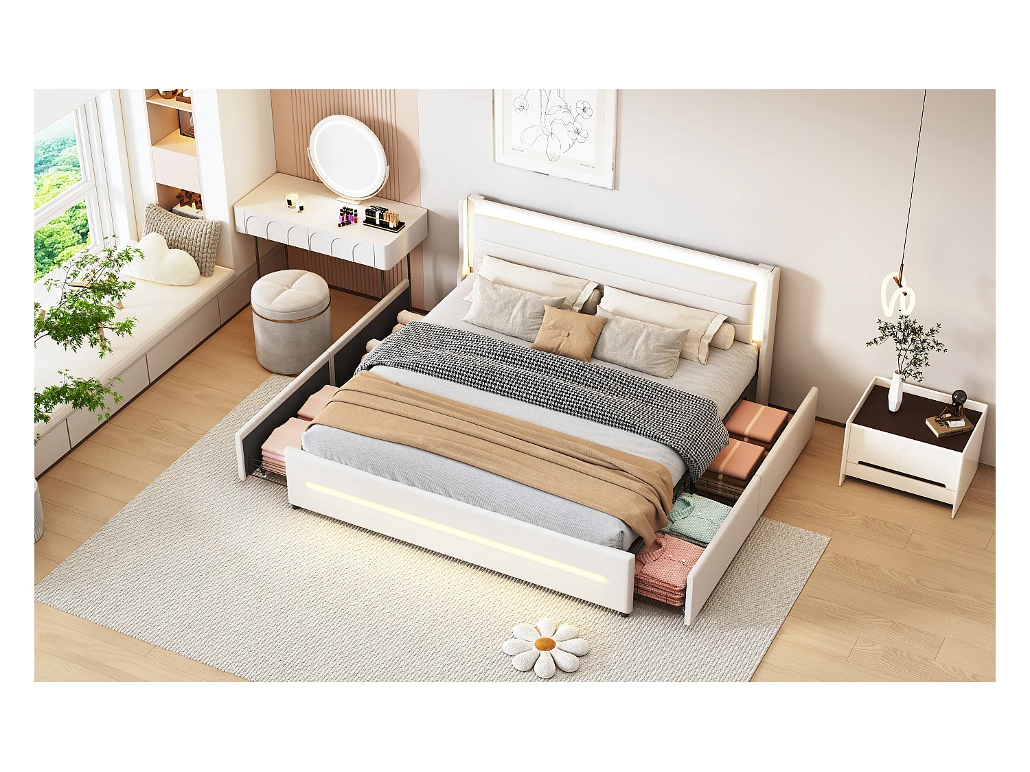 Gestoffeerd bed 180 x 200 cm met hoofdeinde en 4 laden - LED's - Linnenstof - Beige (zonder matras)