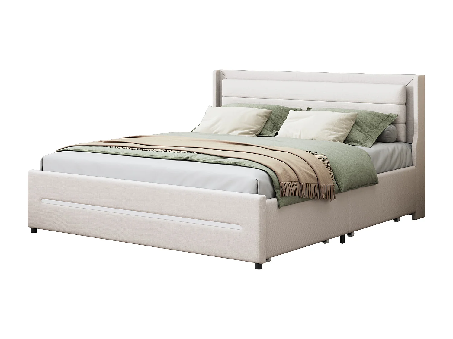 Gestoffeerd bed 180 x 200 cm met hoofdeinde en 4 laden - LED's - Linnenstof - Beige (zonder matras)