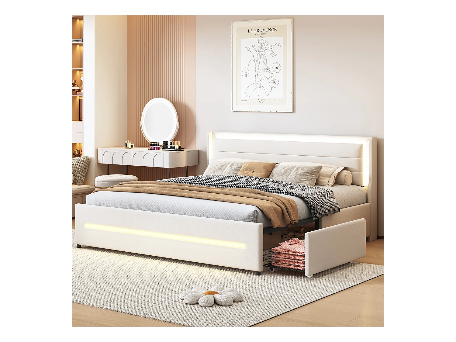 Gestoffeerd bed 180 x 200 cm met hoofdeinde en 4 laden - LED's - Linnenstof - Beige (zonder matras)