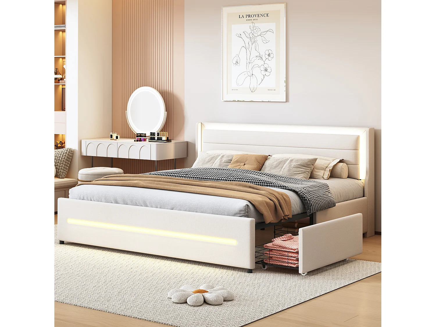 Polsterbett 180 x 200 cm mit Kopfteil und 4 Schubladen – LEDs – Leinenstoff – Beige (ohne Matratze)