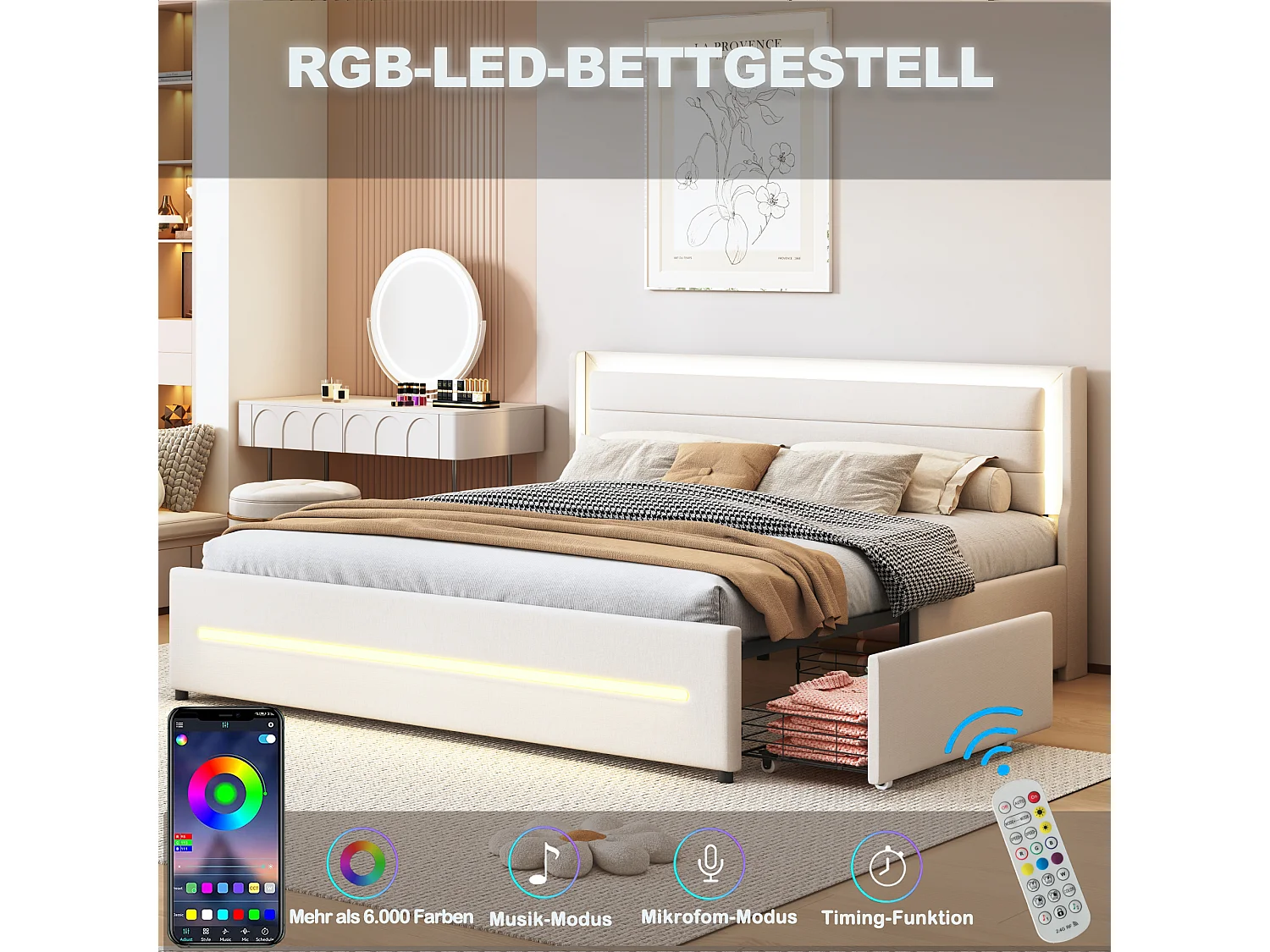 Polsterbett 180 x 200 cm mit Kopfteil und 4 Schubladen – LEDs – Leinenstoff – Beige (ohne Matratze)