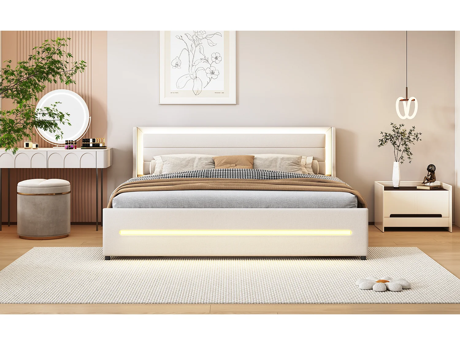 Polsterbett 180 x 200 cm mit Kopfteil und 4 Schubladen – LEDs – Leinenstoff – Beige (ohne Matratze)