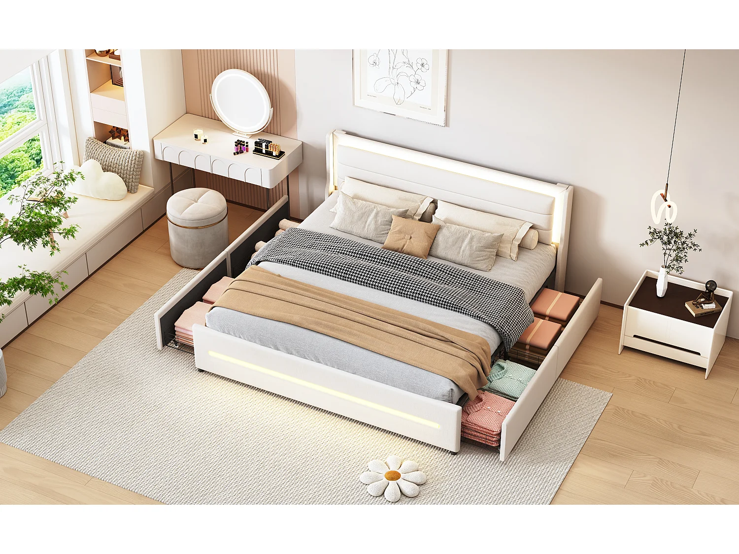 Polsterbett 180 x 200 cm mit Kopfteil und 4 Schubladen – LEDs – Leinenstoff – Beige (ohne Matratze)