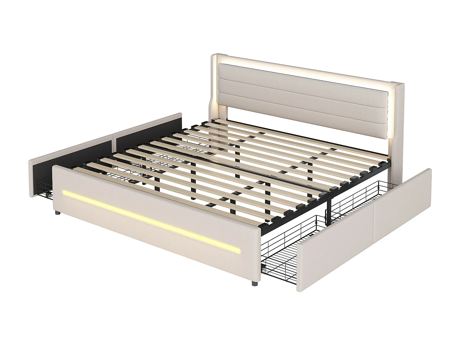 Polsterbett 180 x 200 cm mit Kopfteil und 4 Schubladen – LEDs – Leinenstoff – Beige (ohne Matratze)